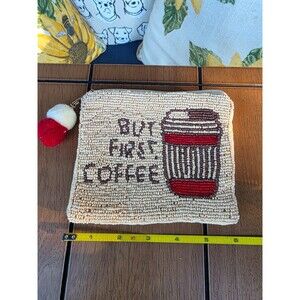 Beaded But First, Coffee Coin Wallet Zipper Pom pom Tan Novelty